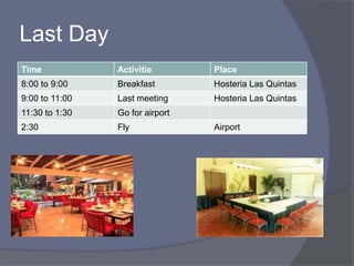Last Day
Time Activitie Place
8:00 to 9:00 Breakfast Hosteria Las Quintas
9:00 to 11:00 Last meeting Hosteria Las Quintas
11:30 to 1:30 Go for airport
2:30 Fly Airport
 