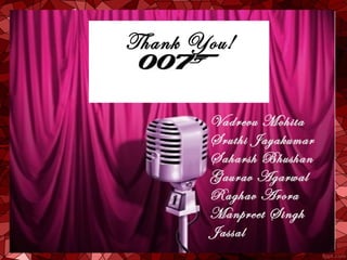 Thank You!


       Vadrevu Mohita
       Sruthi Jayakumar
       Saharsh Bhushan
       Gaurav Agarwal
       Raghav Arora
       Manpreet Singh
       Jassal
 