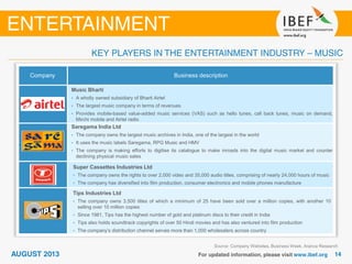 Source: Company Websites, Business Week, Aranca Research
Company Business description
Music Bharti
• A wholly owned subsidiary of Bharti Airtel
• The largest music company in terms of revenues
• Provides mobile-based value-added music services (VAS) such as hello tunes, call back tunes, music on demand,
Mirchi mobile and Airtel radio
Saregama India Ltd
• The company owns the largest music archives in India, one of the largest in the world
• It uses the music labels Saregama, RPG Music and HMV
• The company is making efforts to digitise its catalogue to make inroads into the digital music market and counter
declining physical music sales
Super Cassettes Industries Ltd
• The company owns the rights to over 2,000 video and 35,000 audio titles, comprising of nearly 24,000 hours of music
• The company has diversified into film production, consumer electronics and mobile phones manufacture
Tips Industries Ltd
• The company owns 3,500 titles of which a minimum of 25 have been sold over a million copies, with another 10
selling over 10 million copies
• Since 1981, Tips has the highest number of gold and platinum discs to their credit in India
• Tips also holds soundtrack copyrights of over 50 Hindi movies and has also ventured into film production
• The company’s distribution channel serves more than 1,000 wholesalers across country
 