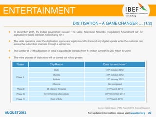 Source: Digital Dawn, KPMG Report 2013, Aranca Research
In December 2011, the Indian government passed ‘The Cable Television Networks (Regulation) Amendment Act’ for
digitisation of cable television networks by 2014
The cable operators under the digitisation regime are legally bound to transmit only digital signals, while the customer can
access the subscribed channels through a set-top box
The number of DTH subscribers in India is expected to increase from 44 million currently to 200 million by 2018
The entire process of digitisation will be carried out in four phases
Phase City/Region Date for switchover*
Phase 1
Delhi 31st October 2012
Mumbai 31st October 2012
Kolkata 15th January 2013
Chennai Not completed
Phase II 38 cities in 15 states 31st March 2013
Phase III All remaining urban areas 30th November 2014
Phase IV Rest of India 31st March 2015
 