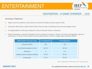 Source: Digital Dawn, KPMG Report 2013, Aranca Research
Advantages of Digitisation
Higher consumer preference, which lacked in the former Conditional Access System (CAS)
Consumers will be able to select content of their choice as well as indefinitely store and access digital content
The digital platform in films also includes the ‘video-on-demand’ feature on television
Higher transparency; subscriber declaration level is expected to increase to 100 per cent under post-digitisation regime as
compared to 15–20 per cent as declared by local cable operators (LCOs) to multiple system operators (MSOs)
Stake-holder revenues share Pre-digitisation Post-digitisation
Consumer ARPU 100 100
Local Cable Operators (LCOs) 65–70 35–50
Distributor 5 0–5
Multiple System Operators (MSOs) 15–20 25–30
Broadcaster 10–15 30–35
 