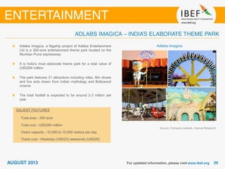 Adlabs Imagica
Source: Company website, Aranca Research
Adlabs Imagica, a flagship project of Adlabs Entertainment
Ltd is a 300-acre entertainment theme park located on the
Mumbai–Pune expressway
It is India's most elaborate theme park for a total value of
USD294 million
The park features 21 attractions including rides, film shows
and live acts drawn from Indian mythology and Bollywood
cinema
The total footfall is expected to be around 2-3 million per
year
SALIENT FEATURES
Total area - 300 acre
Total cost - USD294 million
Visitor capacity - 10,000 to 15,000 visitors per day
Ticket cost - Weekday (USD23) weekends (USD28)
 
