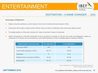 3232SEPTEMBER 2016 For updated information, please visit www.ibef.org
Source: Digital Dawn, KPMG Report 2015, TechSci Research
ARPU- Average Revenue Per User
Advantages of Digitisation
Higher consumer preference, which lacked in the former Conditional Access System (CAS)
Consumers will be able to select content of their choice as well as indefinitely store and access digital content
The digital platform in films also includes the ‘video-on-demand’ feature on television
Higher transparency; subscriber declaration level is expected to increase to 100 per cent under post-digitisation regime as
compared to 15–20 per cent as declared by Local Cable Operators (LCOs) to Multiple System Operators (MSOs)
ENTERTAINMENT
Stake-holder revenues share Pre-digitisation Post-digitisation
Consumer ARPU 100 100
Local Cable Operators (LCOs) 65–70 35–50
Distributor 5 0–5
Multiple System Operators (MSOs) 15–20 25–30
Broadcaster 10–15 30–35
DIGITISATION – A GAME CHANGER … (2/2)
 