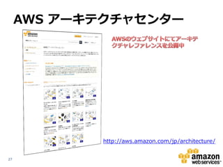 AWS アーキテクチャセンター




            http://aws.amazon.com/jp/architecture/


27
 