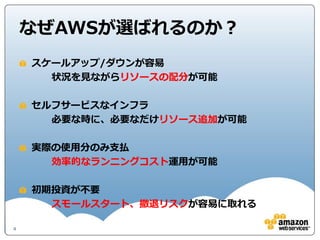なぜAWSが選ばれるのか？
    スケールアップ/ダウンが容易
      状況を見ながらリソースの配分が可能

    セルフサービスなインフラ
      必要な時に、必要なだけリソース追加が可能

    実際の使用分のみ支払
      効率的なランニングコスト運用が可能

    初期投資が不要
      スモールスタート、撤退リスクが容易に取れる

4
 