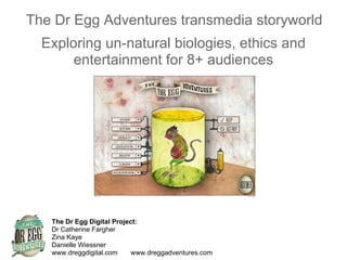 The Dr Egg Adventures transmedia storyworld
Exploring un-natural biologies, ethics and
entertainment for 8+ audiences
The Dr Egg Digital Project:
Dr Catherine Fargher
Zina Kaye
Danielle Wiessner
www.dreggdigital.com www.dreggadventures.com
 
