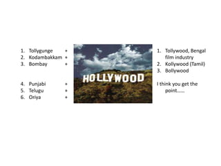 Tollygunge 	+Kodambakkam 	+Bombay 	+Punjabi	+Telugu 	+Oriya		+Tollywood, Bengal film industryKollywood (Tamil)BollywoodI think you get the point……