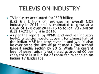    TV Industry accounted for `329 billion
    (US$ 6.6 billion) of revenues in overall M&E
    industry in 2011 and is estimated to grow at a
    CAGR of 17% over 2011-16 to touch `735 billion
    (US$ 14.73 billion) in 2016.
   As per the report (by KPMG and another industry
    body), television would account for almost half of
    the Indian M&E industry revenue and would also
    be over twice the size of print media (the second
    largest media sector) by 2015. While the current
    level of penetration is estimated at around 60 per
    cent, there is still a lot of room for expansion on
    Indian TV landscape.
 