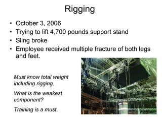 Rigging  October 3, 2006  Trying to lift 4,700 pounds support stand Sling broke Employee received multiple fracture of both legs and feet. Must know total weight including rigging.  What is the weakest component? Training is a must. 