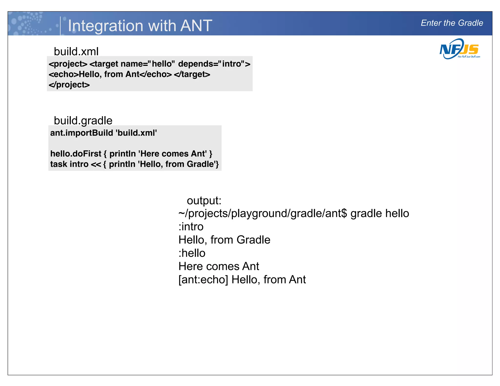 Enter the Gradle
Integration with ANT
<project> <target name="hello" depends="intro">
<echo>Hello, from Ant</echo> </target>
</project>
build.xml
ant.importBuild 'build.xml'
hello.doFirst { println 'Here comes Ant' }
task intro << { println 'Hello, from Gradle'}
build.gradle
~/projects/playground/gradle/ant$ gradle hello
:intro
Hello, from Gradle
:hello
Here comes Ant
[ant:echo] Hello, from Ant
output:
 