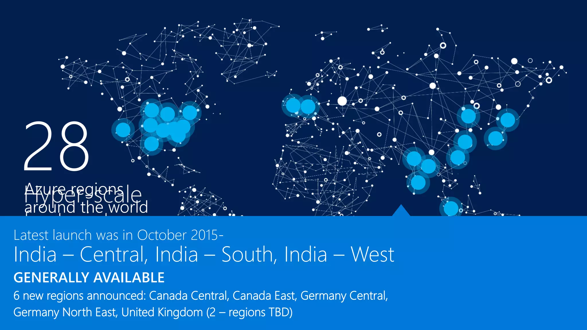 AZURE REGIONS
Latest launch was in October 2015-
India – Central, India – South, India – West
GENERALLY AVAILABLE
6 new regions announced: Canada Central, Canada East, Germany Central,
Germany North East, United Kingdom (2 – regions TBD)
 
