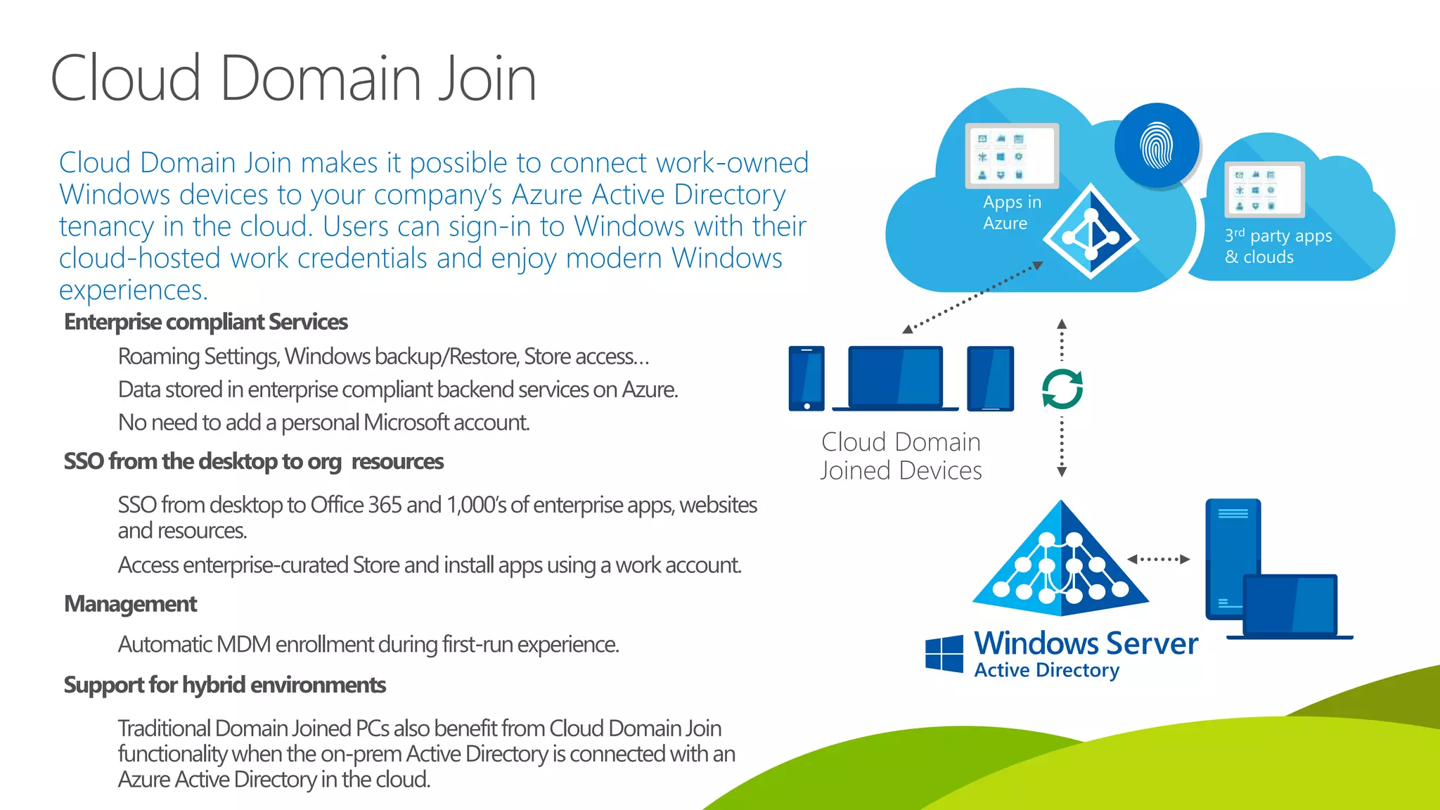 Cloud Domain Join makes it possible to connect work-owned
Windows devices to your company’s Azure Active Directory
tenancy in the cloud. Users can sign-in to Windows with their
cloud-hosted work credentials and enjoy modern Windows
experiences.
Cloud Domain
Joined Devices
EnterprisecompliantServices
RoamingSettings,Windowsbackup/Restore,Storeaccess…
DatastoredinenterprisecompliantbackendservicesonAzure.
NoneedtoaddapersonalMicrosoftaccount.
SSOfromthedesktoptoorg resources
SSOfromdesktoptoOffice365and1,000’sofenterpriseapps,websites
andresources.
Accessenterprise-curatedStoreandinstallappsusingaworkaccount.
Management
AutomaticMDMenrollmentduringfirst-runexperience.
Supportfor hybrid environments
TraditionalDomainJoinedPCsalsobenefitfromCloudDomainJoin
functionalitywhentheon-premActiveDirectoryisconnectedwithan
AzureActiveDirectoryinthecloud.
Cloud Domain Join
 