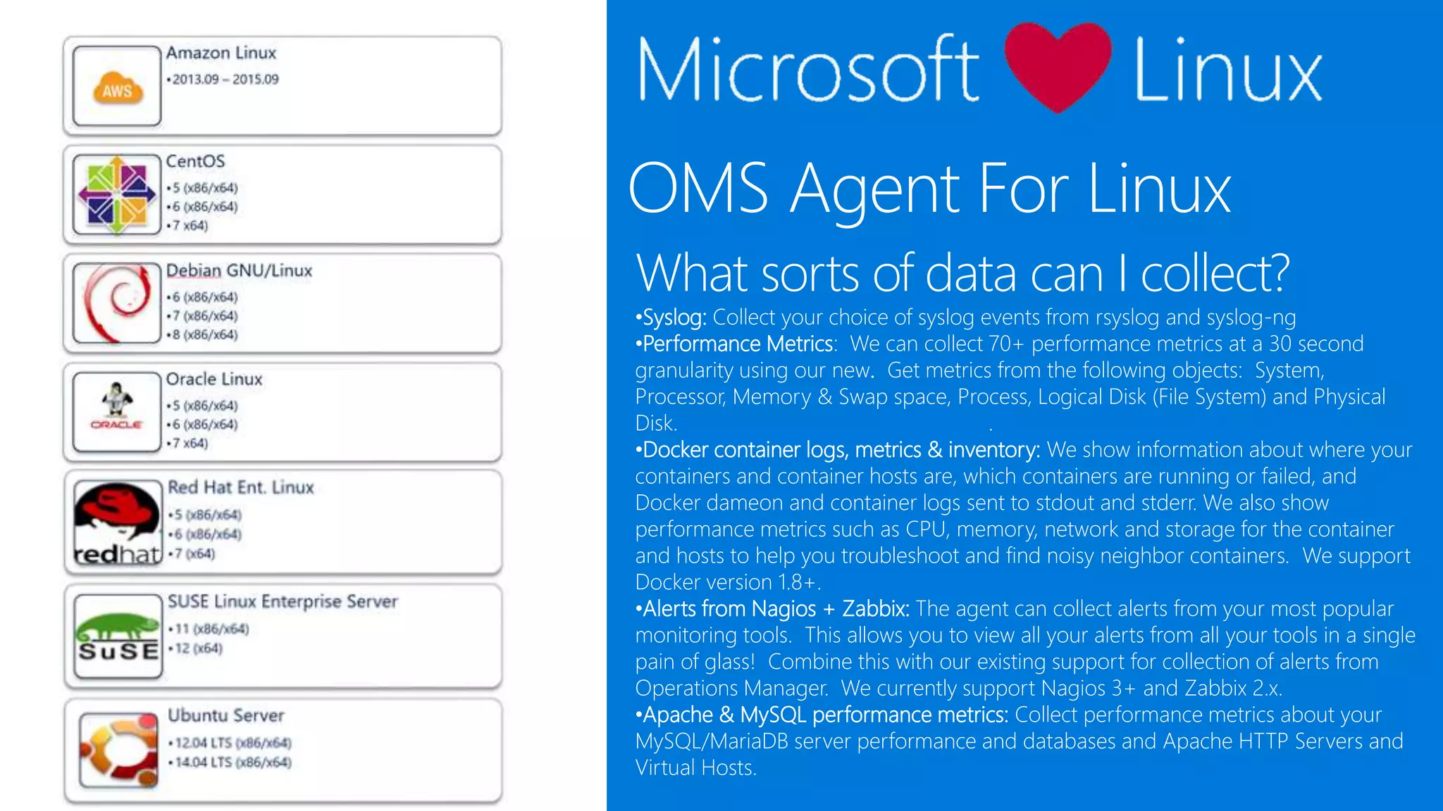 OMS Agent For Linux
What sorts of data can I collect?
•Syslog: Collect your choice of syslog events from rsyslog and syslog-ng
•Performance Metrics: We can collect 70+ performance metrics at a 30 second
granularity using our new. Get metrics from the following objects: System,
Processor, Memory & Swap space, Process, Logical Disk (File System) and Physical
Disk. Full list of Performance Counters.
•Docker container logs, metrics & inventory: We show information about where your
containers and container hosts are, which containers are running or failed, and
Docker dameon and container logs sent to stdout and stderr. We also show
performance metrics such as CPU, memory, network and storage for the container
and hosts to help you troubleshoot and find noisy neighbor containers. We support
Docker version 1.8+.
•Alerts from Nagios + Zabbix: The agent can collect alerts from your most popular
monitoring tools. This allows you to view all your alerts from all your tools in a single
pain of glass! Combine this with our existing support for collection of alerts from
Operations Manager. We currently support Nagios 3+ and Zabbix 2.x.
•Apache & MySQL performance metrics: Collect performance metrics about your
MySQL/MariaDB server performance and databases and Apache HTTP Servers and
Virtual Hosts.
 
