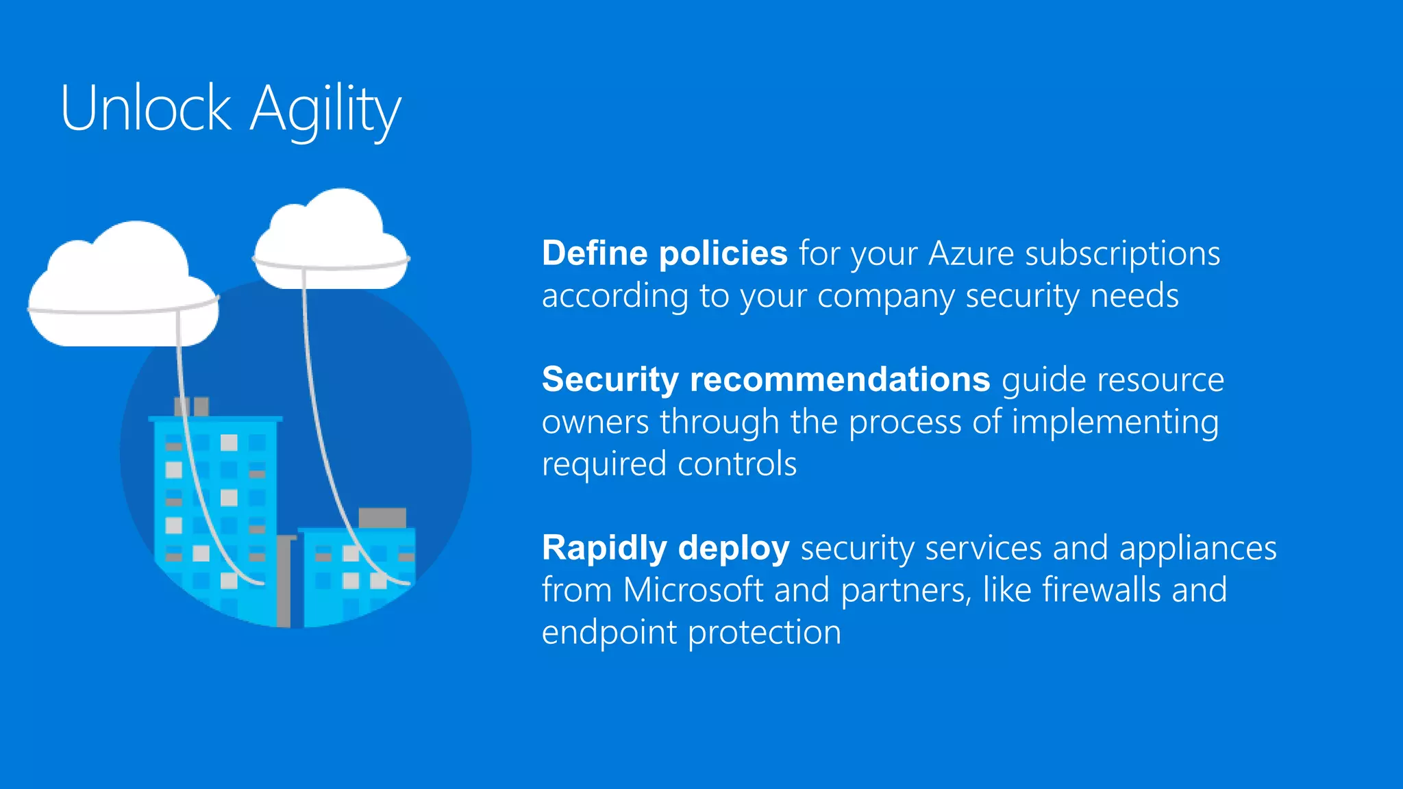 Define policies for your Azure subscriptions
according to your company security needs
Security recommendations guide resource
owners through the process of implementing
required controls
Rapidly deploy security services and appliances
from Microsoft and partners, like firewalls and
endpoint protection
 
