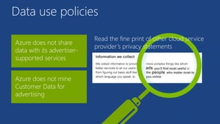 Data use policies
Azure does not share
data with its advertiser-
supported services
Azure does not mine
Customer Data for
advertising
Read the fine print of other cloud service
provider’s privacy statements
 