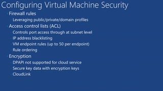 Configuring Virtual Machine Security
• Firewall rules
• Leveraging public/private/domain profiles
• Access control lists (ACL)
• Controls port access through at subnet level
• IP address blacklisting
• VM endpoint rules (up to 50 per endpoint)
• Rule ordering
• Encryption
• DPAPI not supported for cloud service
• Secure key data with encryption keys
• CloudLink
 