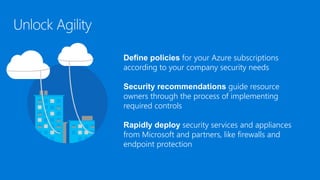 Define policies for your Azure subscriptions
according to your company security needs
Security recommendations guide resource
owners through the process of implementing
required controls
Rapidly deploy security services and appliances
from Microsoft and partners, like firewalls and
endpoint protection
 