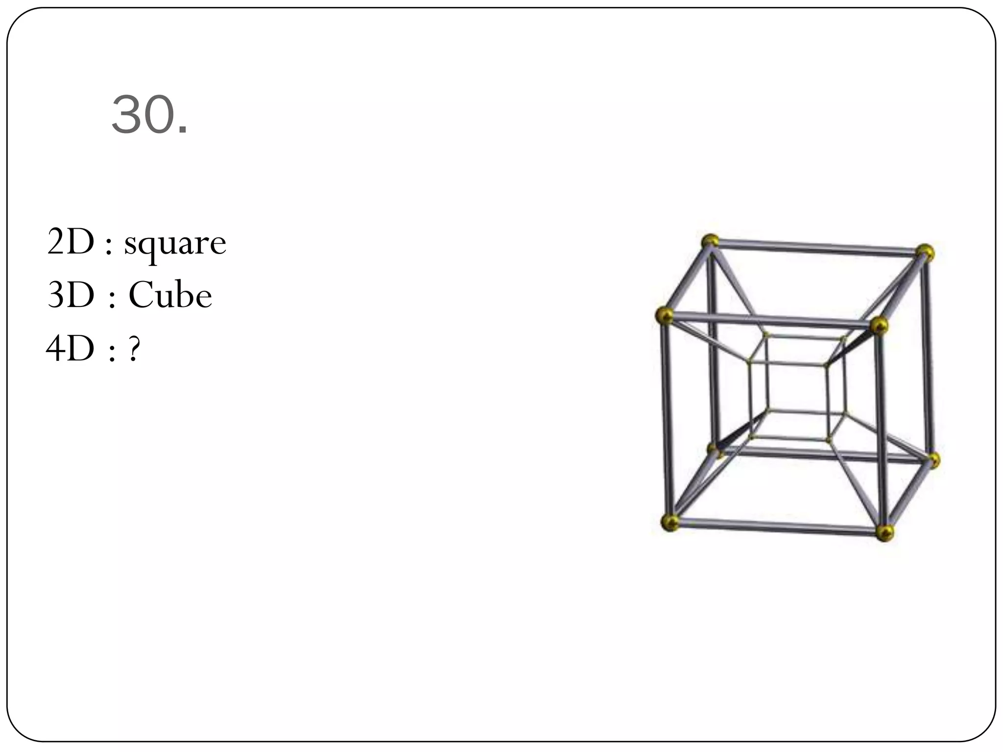 30.

2D : square
3D : Cube
4D : ?
 