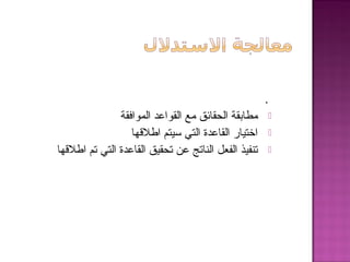 .
‫الموافقة‬ ‫القواعد‬ ‫مع‬ ‫الحقائق‬ ‫مطابقة‬
‫الطلهقها‬ ‫سيتم‬ ‫التي‬ ‫القاعدة‬ ‫اختيار‬
‫الطلهقها‬ ‫تم‬ ‫التي‬ ‫القاعدة‬ ‫تحقيق‬ ‫عن‬ ‫الناتج‬ ‫الفعل‬ ‫تنفيذ‬
 