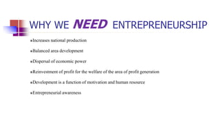 WHY WE NEED ENTREPRENEURSHIP
Increases national production
Balanced area development
Dispersal of economic power
Reinvestment of profit for the welfare of the area of profit generation
Development is a function of motivation and human resource
Entrepreneurial awareness
 