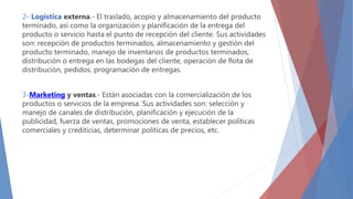 2- Logística externa.- El traslado, acopio y almacenamiento del producto
terminado, así como la organización y planificación de la entrega del
producto o servicio hasta el punto de recepción del cliente. Sus actividades
son: recepción de productos terminados, almacenamiento y gestión del
producto terminado, manejo de inventarios de productos terminados,
distribución o entrega en las bodegas del cliente, operación de flota de
distribución, pedidos, programación de entregas.
3-Marketing y ventas.- Están asociadas con la comercialización de los
productos o servicios de la empresa. Sus actividades son: selección y
manejo de canales de distribución, planificación y ejecución de la
publicidad, fuerza de ventas, promociones de venta, establecer políticas
comerciales y crediticias, determinar políticas de precios, etc.
 