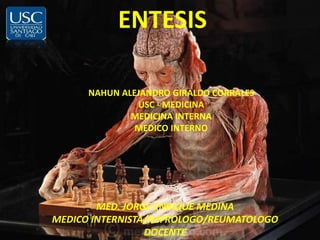 ENTESIS 
NAHUN ALEJANDRO GIRALDO CORRALES 
USC - MEDICINA 
MEDICINA INTERNA 
MEDICO INTERNO 
MED. JORGE ENRIQUE MEDINA 
MEDICO INTERNISTA/NEFROLOGO/REUMATOLOGO 
DOCENTE 
 