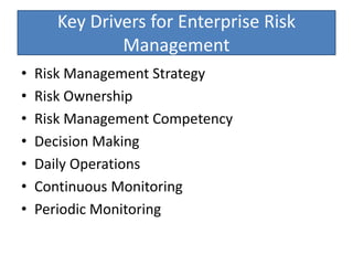 Key Drivers for Enterprise Risk
Management
• Risk Management Strategy
• Risk Ownership
• Risk Management Competency
• Decision Making
• Daily Operations
• Continuous Monitoring
• Periodic Monitoring
 