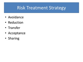 Risk Treatment Strategy
• Avoidance
• Reduction
• Transfer
• Acceptance
• Sharing
 