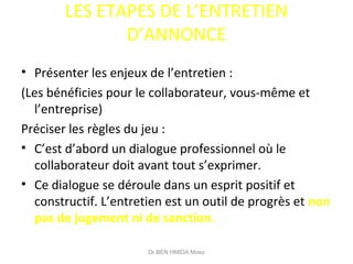 LES ETAPES DE L’ENTRETIEN
D’ANNONCE
• Présenter les enjeux de l’entretien :
(Les bénéficies pour le collaborateur, vous-même et
l’entreprise)
Préciser les règles du jeu :
• C’est d’abord un dialogue professionnel où le
collaborateur doit avant tout s’exprimer.
• Ce dialogue se déroule dans un esprit positif et
constructif. L’entretien est un outil de progrès et non
pas de jugement ni de sanction.
Dr BEN HMIDA Moez
 
