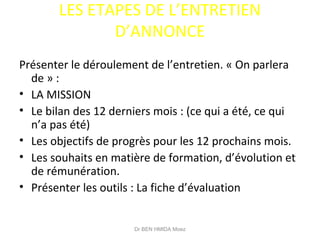 LES ETAPES DE L’ENTRETIEN
D’ANNONCE
Présenter le déroulement de l’entretien. « On parlera
de » :
• LA MISSION
• Le bilan des 12 derniers mois : (ce qui a été, ce qui
n’a pas été)
• Les objectifs de progrès pour les 12 prochains mois.
• Les souhaits en matière de formation, d’évolution et
de rémunération.
• Présenter les outils : La fiche d’évaluation
Dr BEN HMIDA Moez
 