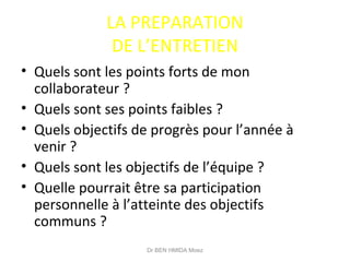 LA PREPARATION
DE L’ENTRETIEN
• Quels sont les points forts de mon
collaborateur ?
• Quels sont ses points faibles ?
• Quels objectifs de progrès pour l’année à
venir ?
• Quels sont les objectifs de l’équipe ?
• Quelle pourrait être sa participation
personnelle à l’atteinte des objectifs
communs ?
Dr BEN HMIDA Moez
 