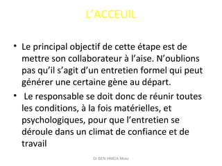 L’ACCEUIL
• Le principal objectif de cette étape est de
mettre son collaborateur à l’aise. N’oublions
pas qu’il s’agit d’un entretien formel qui peut
générer une certaine gène au départ.
• Le responsable se doit donc de réunir toutes
les conditions, à la fois matérielles, et
psychologiques, pour que l’entretien se
déroule dans un climat de confiance et de
travail
Dr BEN HMIDA Moez
 
