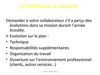LE POINT SUR LA MISSION :
Demander à votre collaborateur s’il a perçu des
évolutions dans sa mission durant l’année
écoulée.
o Evolution sur le plan :
• Technique
• Responsabilités supplémentaires
• Organisation du travail
• Ouverture sur l’environnement professionnel
(clients, autres services…)
Dr BEN HMIDA Moez
 