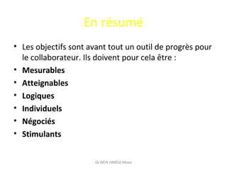 En résumé
• Les objectifs sont avant tout un outil de progrès pour
le collaborateur. Ils doivent pour cela être :
• Mesurables
• Atteignables
• Logiques
• Individuels
• Négociés
• Stimulants
Dr BEN HMIDA Moez
 