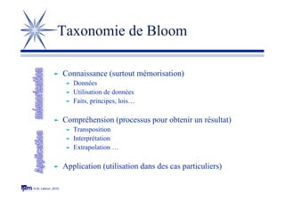 © M. Lebrun, 2010
 Connaissance (surtout mémorisation)
 Données
 Utilisation de données
 Faits, principes, lois…
 Compréhension (processus pour obtenir un résultat)
 Transposition
 Interprétation
 Extrapolation …
 Application (utilisation dans des cas particuliers)
Taxonomie de Bloom
 