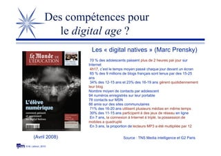 © M. Lebrun, 2010
Des compétences pour
le digital age ?
Les « digital natives » (Marc Prensky)
70 % des adolescents passent plus de 2 heures par jour sur
Internet
4h17, c’est le temps moyen passé chaque jour devant un écran
85 % des 9 millions de blogs français sont tenus par des 15-25
ans
34% des 12-15 ans et 23% des 16-19 ans gèrent quotidiennement
leur blog
Nombre moyen de contacts par adolescent
94 numéros enregistrés sur leur portable
78 contacts sur MSN
86 amis sur des sites communutaires
71% des 16-20 ans utilisent plusieurs médias en même temps
30% des 11-15 ans participent à des jeux de réseau en ligne
En 7 ans, la connexion à Internet à triplé, la possession de
mobiles a quadruplé
En 3 ans, la proportion de lecteurs MP3 a été multipliée par 12
Source : TNS Media intelligence et G2 Paris(Avril 2008)
 