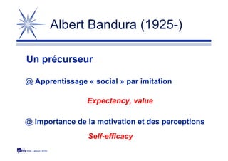 © M. Lebrun, 2010
Un précurseur
@ Apprentissage « social » par imitation
@ Importance de la motivation et des perceptions
Expectancy, value
Self-efficacy
Albert Bandura (1925-)
 