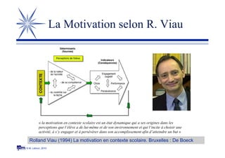 © M. Lebrun, 2010
La Motivation selon R. Viau
« la motivation en contexte scolaire est un état dynamique qui a ses origines dans les
perceptions que l’élève a de lui-même et de son environnement et qui l’incite à choisir une
activité, à s’y engager et à persévérer dans son accomplissement afin d’atteindre un but »
Rolland Viau (1994) La motivation en contexte scolaire. Bruxelles : De Boeck
 