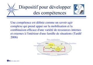 © M. Lebrun, 2010
Dispositif pour développer
des compétences
Une compétence est déﬁnie comme un savoir-agir
complexe qui p...