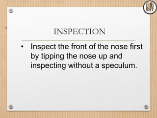 INSPECTION

• Inspect the front of the nose first
by tipping the nose up and
inspecting without a speculum.
 