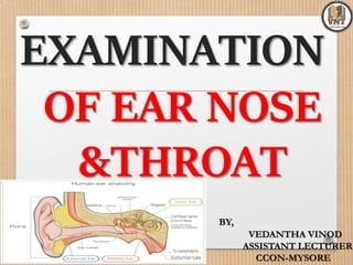 EXAMINATION
OF EAR NOSE
&THROAT
BY,
VEDANTHA VINOD
ASSISTANT LECTURER
CCON-MYSORE
 