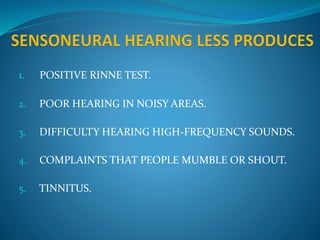 1. POSITIVE RINNE TEST. 
2. POOR HEARING IN NOISY AREAS. 
3. DIFFICULTY HEARING HIGH-FREQUENCY SOUNDS. 
4. COMPLAINTS THAT PEOPLE MUMBLE OR SHOUT. 
5. TINNITUS. 
 