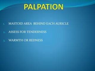 1. MASTOID AREA BEHIND EACH AURICLE 
2. ASSESS FOR TENDERNESS 
3. WARMTH OR REDNESS 
 
