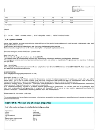 Revision nr. 2
Dated 18/10/2018
Printed on 18/10/2018
Page n. 5/12
WEL GBR 123 25 246 50 SKIN
VLEP ITA 98 20 246 50 SKIN
OEL EU 98 20 246 50 SKIN
TLV-ACGIH 97 20
Legend:
(C) = CEILING ; INHAL = Inhalable Fraction ; RESP = Respirable Fraction ; THORA = Thoracic Fraction.
8.2. Exposure controls
As the use of adequate technical equipment must always take priority over personal protective equipment, make sure that the workplace is well aired
through effective local aspiration.
When choosing personal protective equipment, ask your chemical substance supplier for advice.
Personal protective equipment must be CE marked, showing that it complies with applicable standards.
Provide an emergency shower with face and eye wash station.
HAND PROTECTION
Protect hands with category III work gloves (see standard EN 374).
The following should be considered when choosing work glove material: compatibility, degradation, failure time and permeability.
The work gloves' resistance to chemical agents should be checked before use, as it can be unpredictable. The gloves' wear time depends on the duration
and type of use.
SKIN PROTECTION
Wear category II professional long-sleeved overalls and safety footwear (see Directive 89/686/EEC and standard EN ISO 20344). Wash body with soap
and water after removing protective clothing.
EYE PROTECTION
Wear airtight protective goggles (see standard EN 166).
RESPIRATORY PROTECTION
If the threshold value (e.g. TLV-TWA) is exceeded for the substance or one of the substances present in the product, use a mask with a type A filter
whose class (1, 2 or 3) must be chosen according to the limit of use concentration. (see standard EN 14387). In the presence of gases or vapours of
various kinds and/or gases or vapours containing particulate (aerosol sprays, fumes, mists, etc.) combined filters are required.
Respiratory protection devices must be used if the technical measures adopted are not suitable for restricting the worker's exposure to the threshold
values considered. The protection provided by masks is in any case limited.
If the substance considered is odourless or its olfactory threshold is higher than the corresponding TLV-TWA and in the case of an emergency, wear
open-circuit compressed air breathing apparatus (in compliance with standard EN 137) or external air-intake breathing apparatus (in compliance with
standard EN 138). For a correct choice of respiratory protection device, see standard EN 529.
ENVIRONMENTAL EXPOSURE CONTROLS
The emissions generated by manufacturing processes, including those generated by ventilation equipment, should be checked to ensure compliance with
environmental standards.
SECTION 9. Physical and chemical properties
9.1. Information on basic physical and chemical properties
Appearance liquid
Colour colourless
Odour characteristic
Odour threshold Not available
pH na
Melting point / freezing point -50 °C
Initial boiling point 202 °C
 