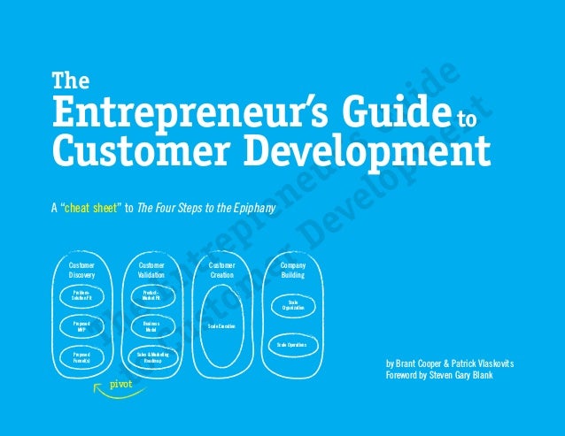 A “cheat sheet” to The Four Steps to the Epiphany
The
Entrepreneur’s Guideto
Customer Development
by Brant Cooper & Patrick Vlaskovits
Foreword by Steven Gary Blank
Customer
Discovery
Problem-
Solution Fit
Proposed
MVP
Proposed
Funnel(s)
Customer
Validation
Product-
Market Fit
Business
Model
Sales & Marketing
Roadmap
Customer
Creation
Scale Execution
Company
Building
Scale
Organization
Scale Operations
Customer Development
pivot
 