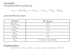 Standard enthalpy change(ΔHѲ);Energy changes for any reaction which are measured under standard conditions of temperature and pressure25oC (298K) - 101.3 kPa (1 atmosphere) -  1 mol dm-3Manipulating the Enthalpy Change TermN2(g) + 3H2(g) -----> 2NH3(g)       ΔH = - 92.4 kJ/mol  92.4 kJ of energy is released for every 1 mole of N2(g) 