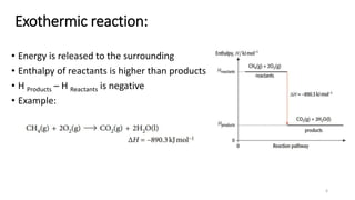 Exothermic reaction:
• Energy is released to the surrounding
• Enthalpy of reactants is higher than products
• H Products – H Reactants is negative
• Example:
6
 