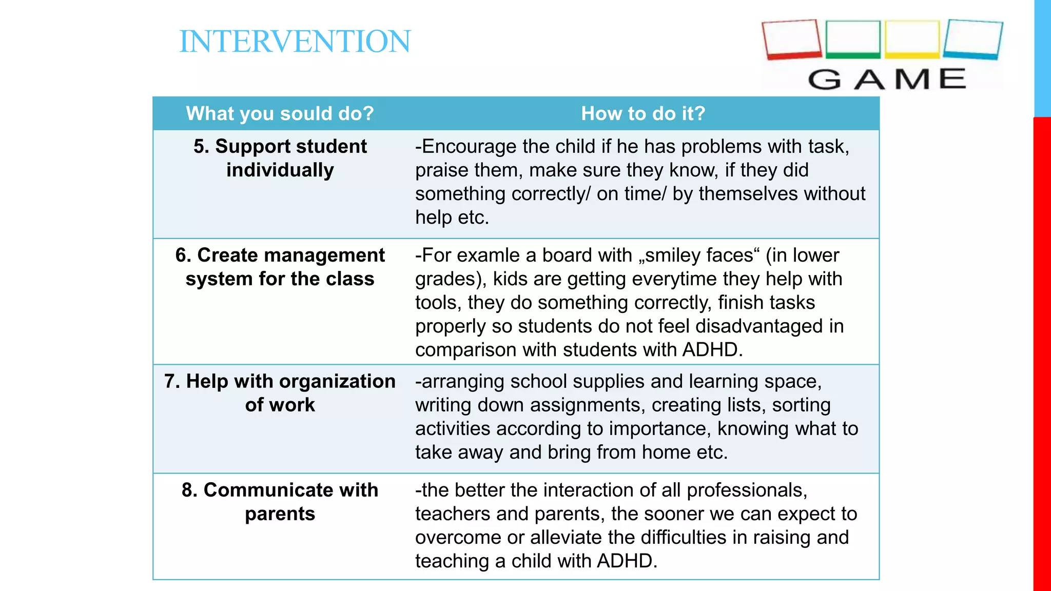 INTERVENTION
What you sould do? How to do it?
5. Support student
individually
-Encourage the child if he has problems with task,
praise them, make sure they know, if they did
something correctly/ on time/ by themselves without
help etc.
6. Create management
system for the class
-For examle a board with „smiley faces“ (in lower
grades), kids are getting everytime they help with
tools, they do something correctly, finish tasks
properly so students do not feel disadvantaged in
comparison with students with ADHD.
7. Help with organization
of work
-arranging school supplies and learning space,
writing down assignments, creating lists, sorting
activities according to importance, knowing what to
take away and bring from home etc.
8. Communicate with
parents
-the better the interaction of all professionals,
teachers and parents, the sooner we can expect to
overcome or alleviate the difficulties in raising and
teaching a child with ADHD.
 