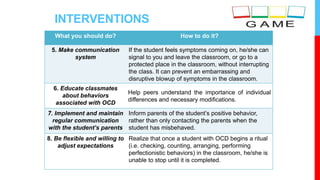 INTERVENTIONS
What you should do? How to do it?
5. Make communication
system
If the student feels symptoms coming on, he/she can
signal to you and leave the classroom, or go to a
protected place in the classroom, without interrupting
the class. It can prevent an embarrassing and
disruptive blowup of symptoms in the classroom.
6. Educate classmates
about behaviors
associated with OCD
Help peers understand the importance of individual
differences and necessary modifications.
7. Implement and maintain
regular communication
with the student’s parents
Inform parents of the student’s positive behavior,
rather than only contacting the parents when the
student has misbehaved.
8. Be flexible and willing to
adjust expectations
Realize that once a student with OCD begins a ritual
(i.e. checking, counting, arranging, performing
perfectionistic behaviors) in the classroom, he/she is
unable to stop until it is completed.
 
