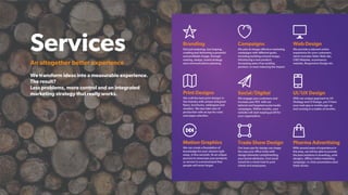 Services
An altogether better experience
We transform ideas into a measurable experience.
The result?
Less problems, more control and an integrated
marketing strategy that really works.
Branding
Not just analysing, but shaping,
creating and delivering a powerful
and proﬁtable image, through
naming, design, brand strategy
and communications planning.
Web Design
We provide a relevant online
experience for your customers,
which includes Static Web site,
CMS Website, ecommerce
website, Responsive Design etc.
Social/Digital
We engage your customers and
increase your ROI with our
tailored and targeted social media
campaigns. Within months, your
website will start reaping proﬁt for
your organization.
Motion Graphics
We can create a foundation of
knowledge for your viewers right
away, in few seconds. Its an unique
process to showcase your products
or service in a environment that
people will never forget.
Print Designs
the industry with unique designed
ﬂyers, brochures, catalogues and
emailers. We also take care of
production with an eye for color
and paper selection.
Trade Show Design
Our keen eye for design can shape
the way your oﬃce looks with
design elements complimenting
your brand attributes. End result
would be a visula treat to your
clients and employees.
UI/UX Design
With our unique approach to UX
Strategy and UI Design, you’ll have
your web app or mobile app up
and running in a matter of months.
Campaigns
We plan & design eﬀective marketing
campaigns with diﬀerent goals,
including building a brand image,
introducing a new product,
increasing sales of an existing
product, or even reducing the impact
Pharma Advertising
With several years of experience in
this area, we will be able to provide
the best solutions in branding, print
designs, oﬄine/online marketing
campaign, in-clinic promotions amd
trade shows.
 